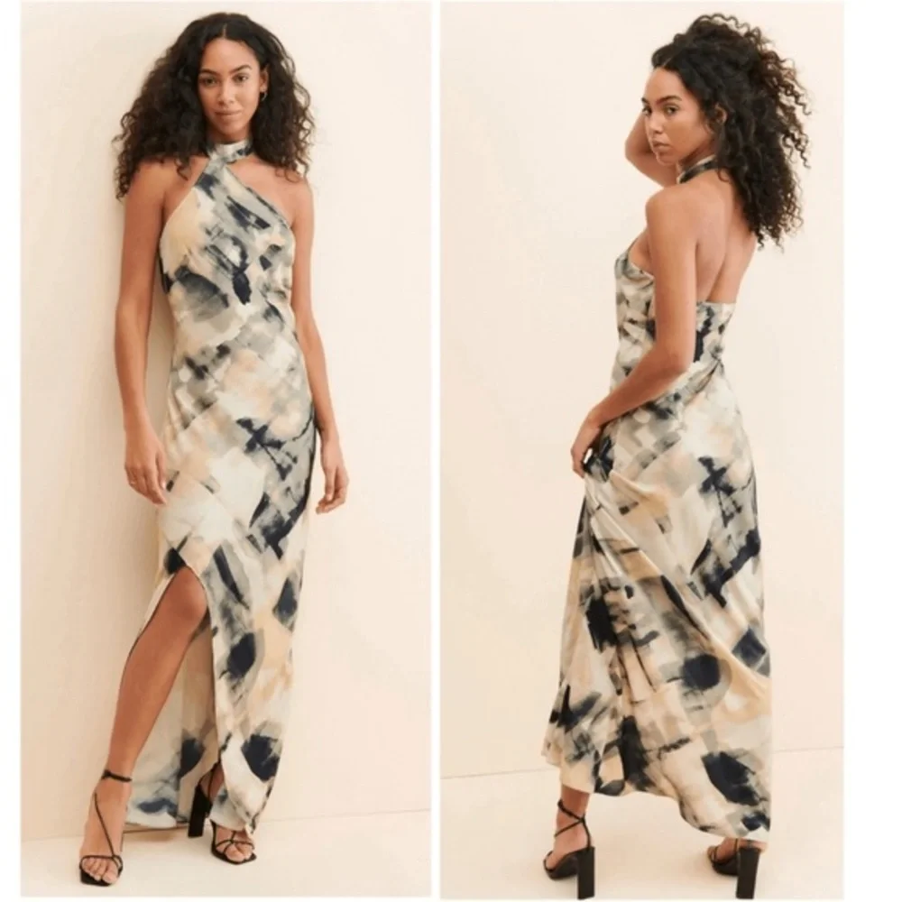 NWT Anthropologie Let Me Be Dress Halter Abstract Maxi in Black White